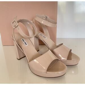 NIB MIU MIU Prada Platform Ankle Strap Patent Leather Tan Sandals 10 US 5XP808